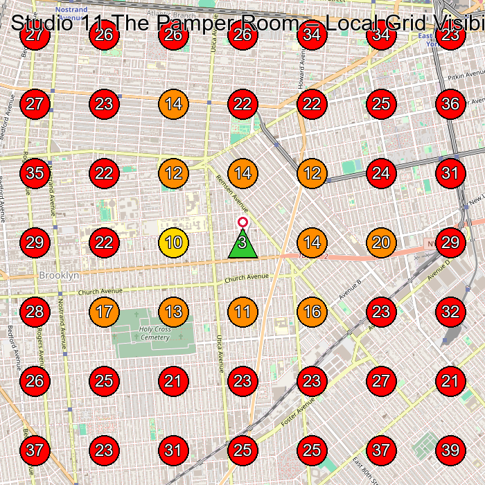 Studio 11 The Pamper Room GeoGrid visibility map for Hair Salon in Brooklyn